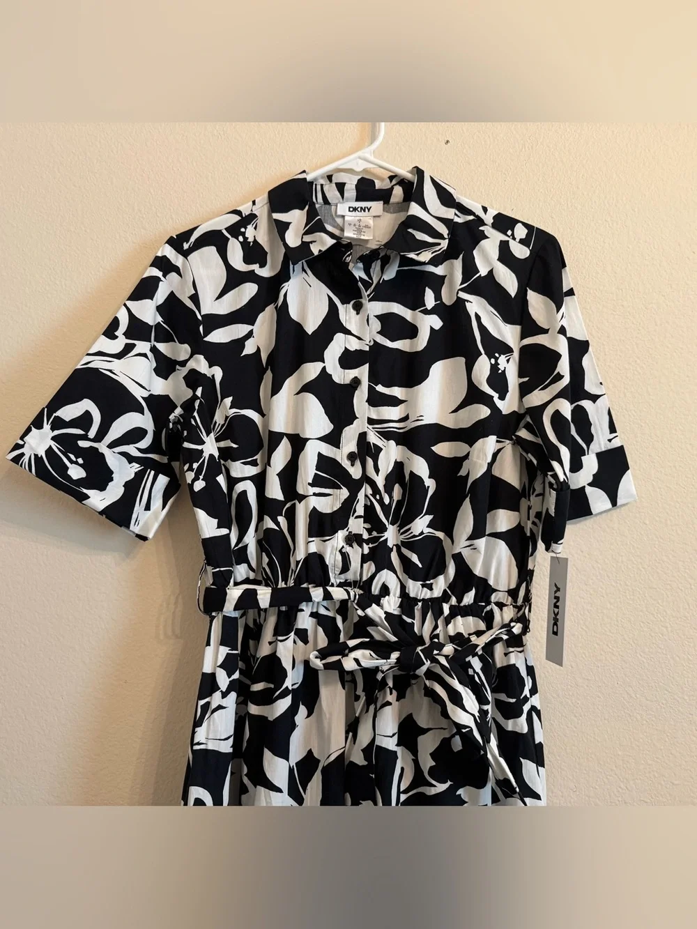 DKNY Elbow Sleeve Collared Neck Button-Front Belted Floral Midi Shirt dress